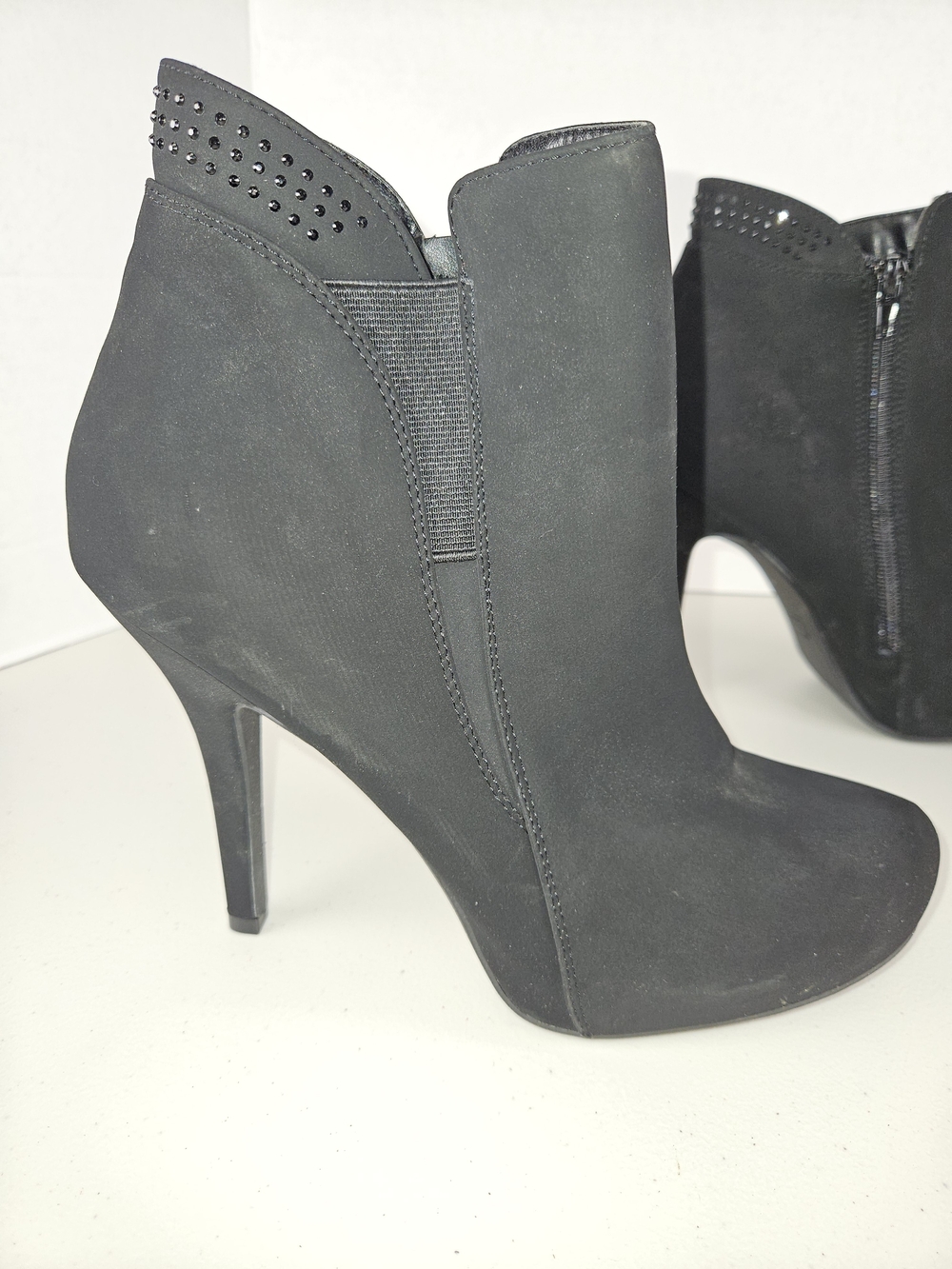 Black Suede High-Heel Ankle Booties with Studded Collar 9 1/2 M - Picture 3 of 16
